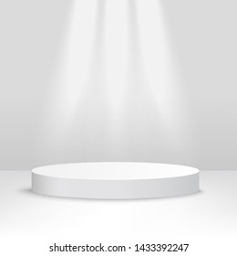 White stage platform lit from above, competition podium for award ceremony or product display, 3d realistic style background of cylinder stage design, vector illustration