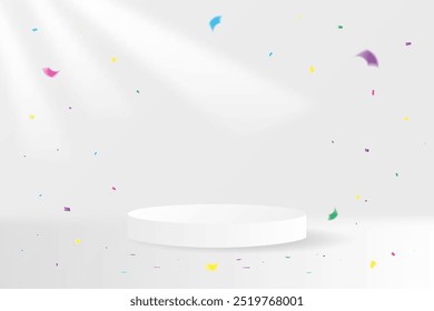 White Stage Podium With Colorful Confetti On Studio Background And Sunlight. Abstract Business Wallpaper. Surprise Backdrop. Congratulations Banner. Vector Illustration