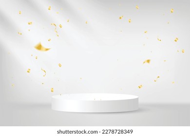 White Stage Podium With Golden Confetti And Streamer Ribbon On Studio Background. Vector Illustration