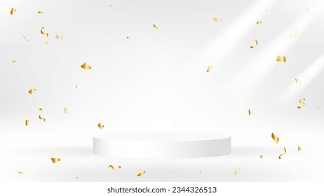 White Stage Podium With Golden Confetti And Streamer Ribbon On Studio Background. Vector Illustration