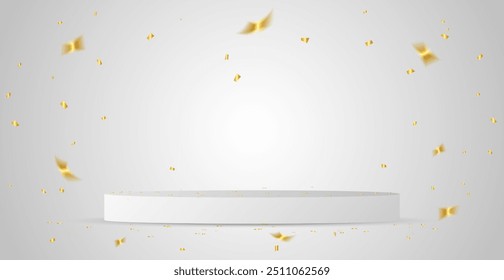 Pódio Palco Branco Com Confete Dourado E Fita Streamer No Fundo Do Estúdio. Ilustração de vetor. Faixa de Parabéns. Fundo de Feliz Aniversário