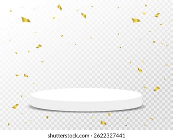 White Stage Podium With Golden Confetti On Transparent Background. Vector Illustration