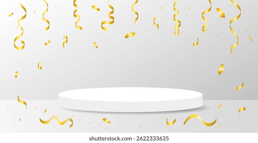 White Stage Podium With Golden Confetti and Streamer Ribbons on Studio Background. Vector Illustration