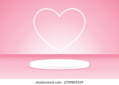 pódio de palco branco e fundo rosa com forma de coração brilhante modelo de ilustração vetor de luz para apresentação banner cartaz comercial