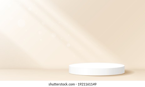 White stage podium for product display, advertising, show, placed in room at clean. Window shadow and sunlight backdrop. Platform for cosmetics in summertime. Minimal style. Vector illustration.