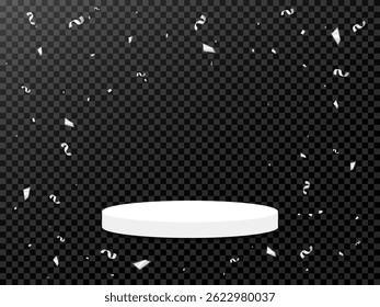 Podio De Escenario Blanco Con Confeti De Plata Y Cinta Diminuta Sobre Fondo Transparente Oscuro. Ilustración vectorial