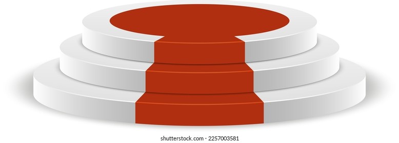 White stage with red carpet. Realistic round podium
