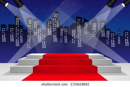 white stage and red curtain with city 
 in the night background