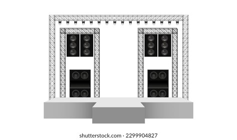 white stage and speaker with spotlight on the truss system on the white background	