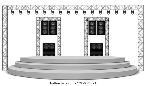 escenario blanco y altavoz con foco en el sistema de truss sobre el fondo blanco	