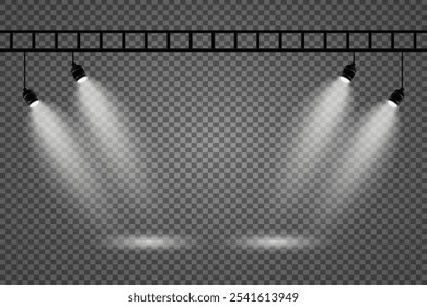 Weiße Bühne mit Scheinwerfern. Lichtstrahleffekt. Lichteffekt.Auf transparentem Hintergrund.