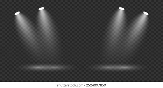 White stage with spotlights. Rays light effect. On a transparent background.