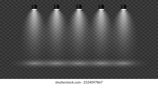 White stage with spotlights. Rays light effect. On a transparent background.