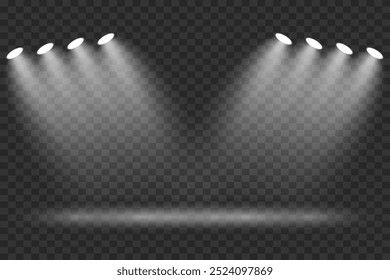 White stage with spotlights. Rays light effect. On a transparent background.