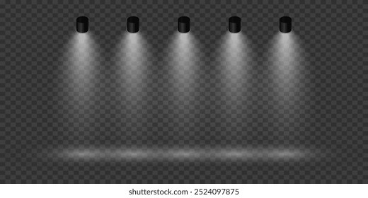 White stage with spotlights. Rays light effect. On a transparent background.