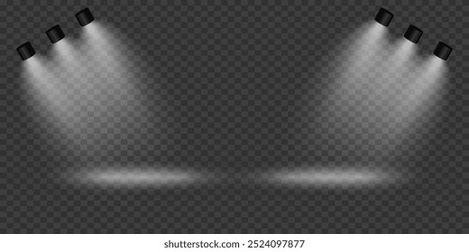 Escenario blanco con focos. Efecto de luz de rayos. Sobre un fondo transparente.