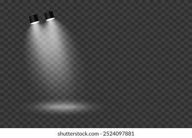 White stage with spotlights. Rays light effect. On a transparent background.