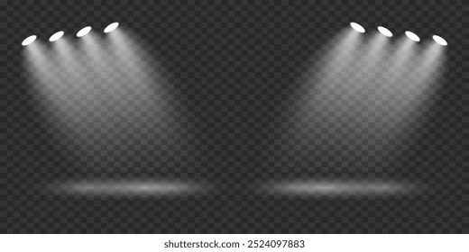 White stage with spotlights. Rays light effect. On a transparent background.