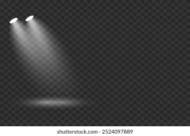 White stage with spotlights. Rays light effect. On a transparent background.