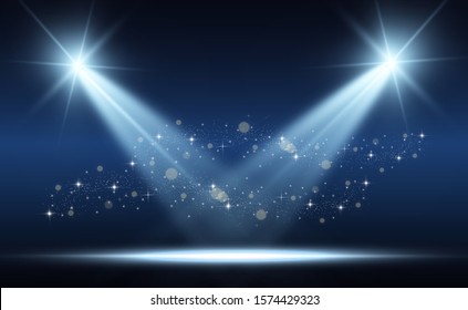 
White stage with spotlights. Vector illustration of a light with sparkles on a transparent background.