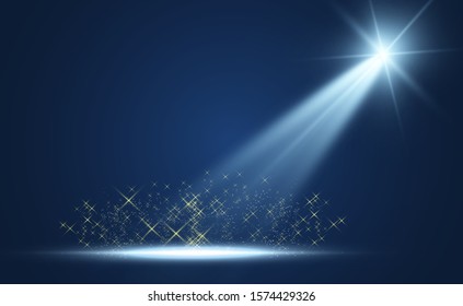 
White stage with spotlights. Vector illustration of a light with sparkles on a transparent background.