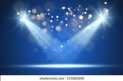 White stage with spotlights. Vector illustration of a light with sparkles on a transparent background.