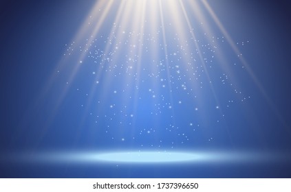 Escenario blanco con focos. Ilustración vectorial de una luz con destellos sobre un fondo transparente.