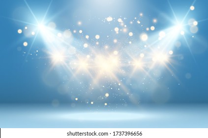 White stage with spotlights. Vector illustration of a light with sparkles on a transparent background.