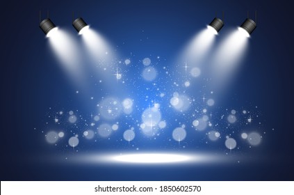 White stage with spotlights. Vector illustration of a light with sparkles on a transparent background.