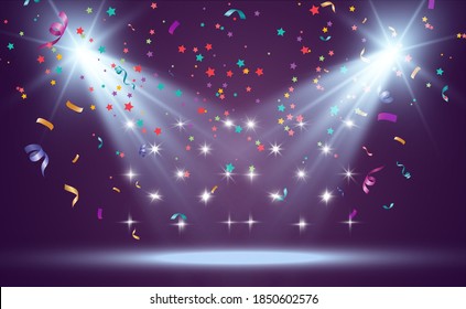 Escenario blanco con focos. Ilustración vectorial de una luz con destellos sobre un fondo transparente.