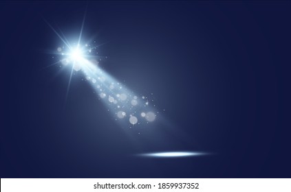 Escenario blanco con focos. Ilustración vectorial de una luz con destellos sobre un fondo transparente.