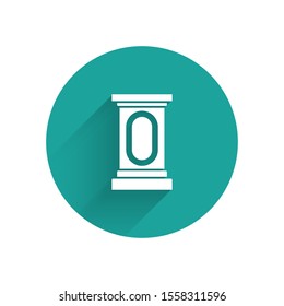 White Stage stand or debate podium rostrum icon isolated with long shadow. Conference speech tribune. Green circle button. Vector Illustration