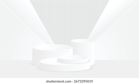 A white stage with three white pedestals is set up in a room. The stage is empty, and the pedestals are placed at different heights, creating a sense of depth and dimension