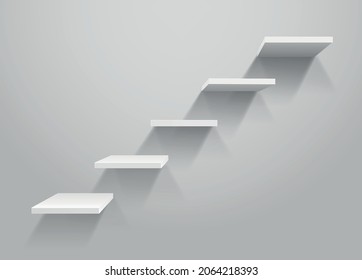 White stair on the wall. Realistic shelves in the shape of stairs vector.