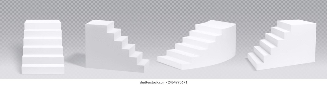 White stair podium rectangular and circular on transparent background. Realistic 3d vector illustration set of different angles view on blank empty staircases. Steps up to stage or pedestal.