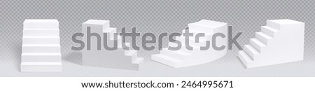 White stair podium rectangular and circular on transparent background. Realistic 3d vector illustration set of different angles view on blank empty staircases. Steps up to stage or pedestal.