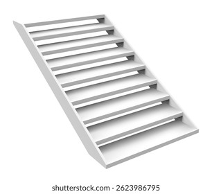 White staircase ascending against a white background, symbolizing growth, achievement, and progress toward reaching goals and aspirations in a clean, modern, and minimalistic design