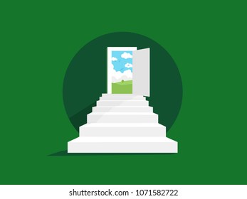 White staircase to open door. Vector flat illustration. 