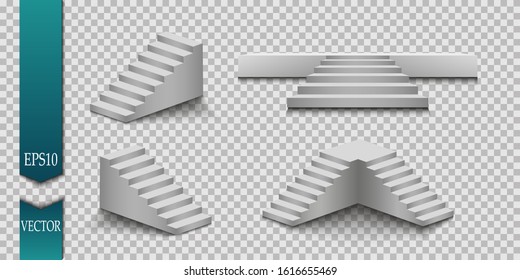 White stairs, 3d staircases. Set, Isolated on transparent background. EPS10, Set.
