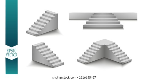 White stairs, 3d staircases. Set, Isolated on transparent background. EPS10, Set.