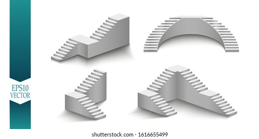 White stairs, 3d staircases. Set, Isolated on transparent background. EPS10, Set.