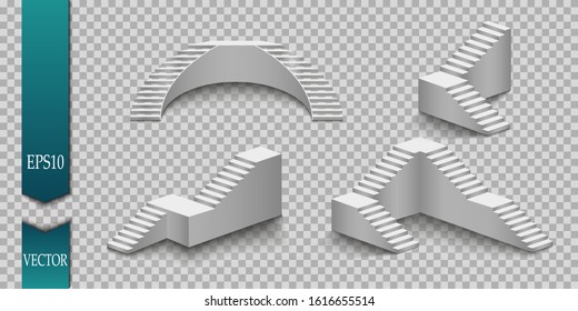 White stairs, 3d staircases. Set, Isolated on transparent background. EPS10, Set.