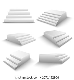 White stairs 6 realistic 3d elements set with various viewpoints and shadows isolated vector illustration 