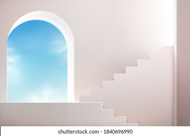 White stairs with arch wall and sky. Empty podium for product showcase in 3d illustration.