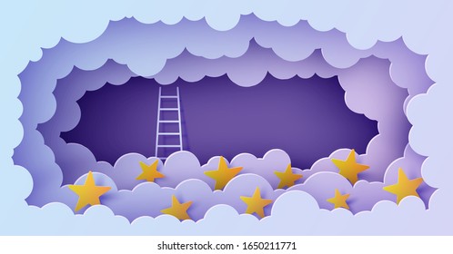 White stairs to climb above the clouds in the style of paper cut. Vector papercut night landscape climbing stairs to the sky and trying to achieve success Follow your dream motivational poster concept