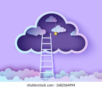 Weiße Treppen, um über die Wolken im Stil von Papier geschnitten zu klettern. Paperschnitt Nachtlandschaft klettert Treppe zum Himmel und versucht, Erfolg zu erzielen Folgen Sie Ihrem Traum Vektorillustration Motivationspopster-Konzept