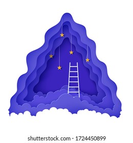 Escaleras blancas para subir por encima de las nubes en un estilo de papel cortado. Sigue tu concepto de afiche motivacional vector de sueño Papercut noche paisaje escalando escaleras al cielo y tratando de lograr el éxito