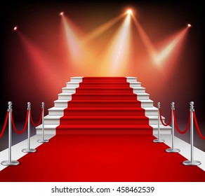 White stairs covered with red carpet and illuminated by spotlight realistic vector illustration