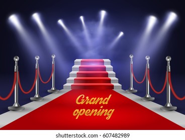 White stairs covered with red carpet and illuminated by spotlight realistic vector illustration EPS10