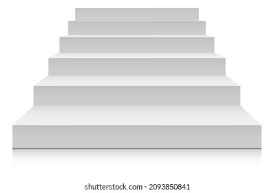 Vista frontal de las escaleras blancas. Mockup en blanco para plataforma o podio